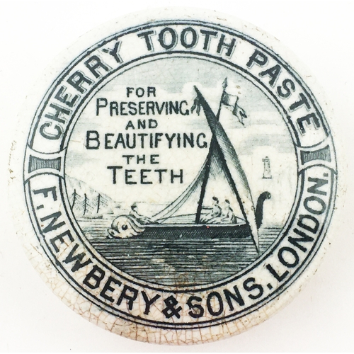 142 - NEWBERRY & CO LONDON CHERRY TOOTH PASTE POT LID. 2.65ins diam. Fishermen in a large sailing boat, hi... 