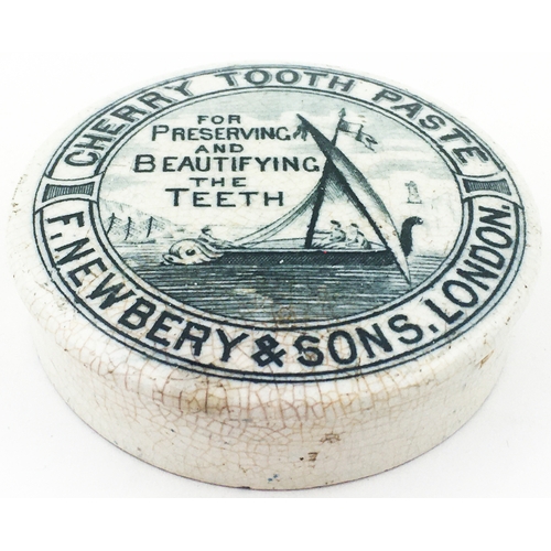 142 - NEWBERRY & CO LONDON CHERRY TOOTH PASTE POT LID. 2.65ins diam. Fishermen in a large sailing boat, hi... 