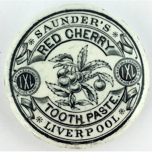 143 - SAUNDERS RED CHERRY TOOTH PASTE LIVERPOOL POT LID. 2.8ins diam. Bunch of cherries pict. to centre, s... 