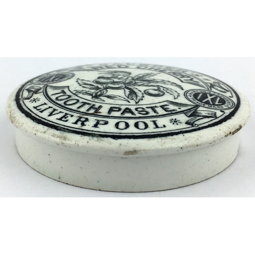 143 - SAUNDERS RED CHERRY TOOTH PASTE LIVERPOOL POT LID. 2.8ins diam. Bunch of cherries pict. to centre, s... 