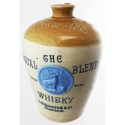 137 - JEROBOAM ROYAL BLEND WHISKY FLAGON.(WG p184). 7.4ins tall. Globular t.t. handle flagon shape, rear h... 