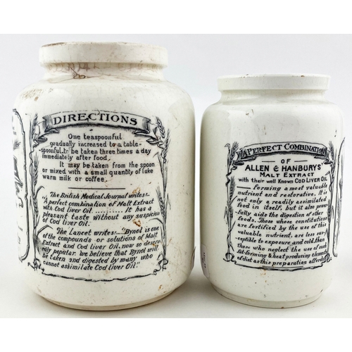 10 - BYNOL MALT & OIL JARS. Tallest 5.5ins, both emblazoned with 3 strong, very busy, black transfers. Mi... 