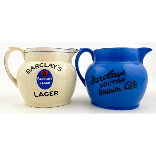 45 - BARCLAYS PUB JUG DUO. One cream, blue rim to top & handle, transfer to both sides plus blue jug, bla... 