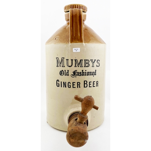 66 - MUMBYS FLAGON. T.t, transfer to both sides, handled, screw stopper & wooden spigot. 2 gallon size. P... 