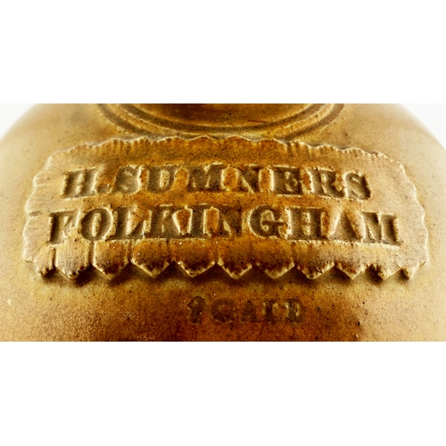 261 - FOLKINGHAM FLAGON. 15.5ins tall. Green/ grey, handled, impressed pie crust seal H. SUMNERS/ 2 GALL. ... 