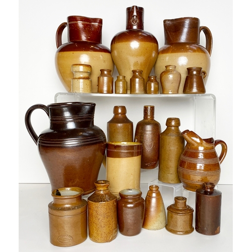 106 - STONE WARE & SALT GLAZE GROUP. Handled jugs, ginger beers, inks, & creams. A real mixed tray. Worth ... 