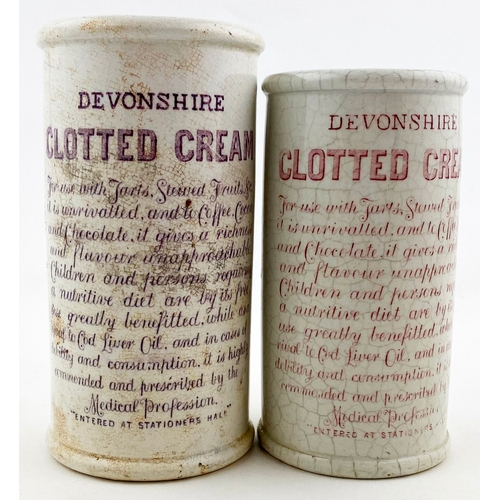 145 - DEVONSHIRE CLOTTED CREAM CYLINDER DUO. Familiar double transferred pots, tallest 5.3ins, 1 red  prin... 