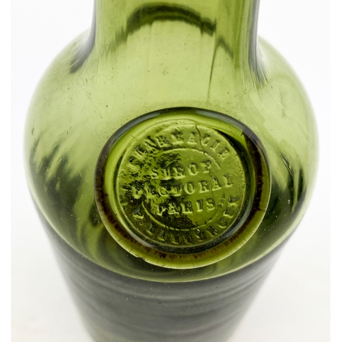 148 - MINIATURE SEALED WINE. 7.1ins, tall bright emerald green glass cylinder, square tooled lip/ string r... 