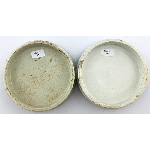 231 - KEDDIES POT LID DUO. Largest 3.75ins. Black & white, Anchovy & Bloater paste. Damages. (2)