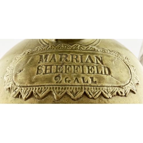 278 - SHEFFIELD FLAGON. 15.5ins. Green/ grey, handled, impressed pie crust seal MARRIAN. Body crack & lip ... 