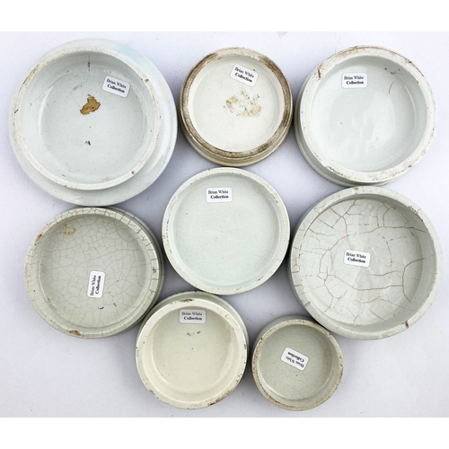 283 - BLACK & WHITE POT LID GROUP. Largest 4.5ins. Burgessâs, S. Maw, Dr Bowditch, Woods & Atkinsons. Da... 