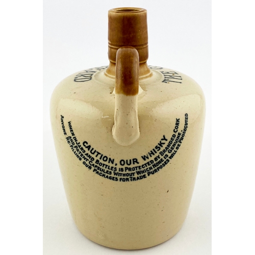 338 - THE GREYBEARD WHISKEY JUG. 7ins tall. Tan top, handled, transfer to front & neck. Port Dundas p.m to... 