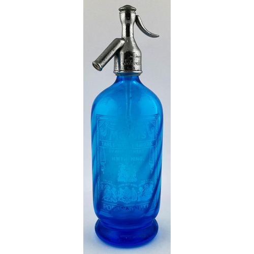 350 - PORTSMOUTH ACID ETCHED SODA SYPHON. 12ins tall. Cobalt blue glass, acid etched âMUMBYS/ TABLE WATE... 