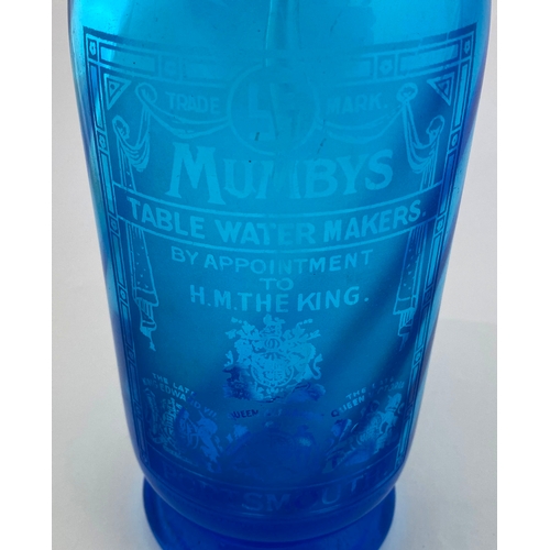 350 - PORTSMOUTH ACID ETCHED SODA SYPHON. 12ins tall. Cobalt blue glass, acid etched âMUMBYS/ TABLE WATE... 