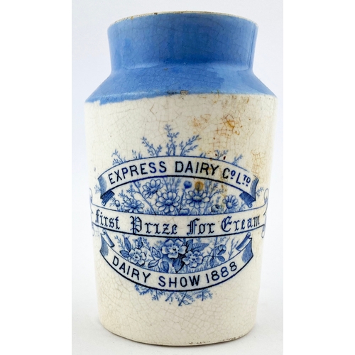 352 - EXPRESS DAIRY CREAM. 4ins tall. Blue top, blue transfer. DAIRY SHOW 1888. Lip nibbles & body crazing