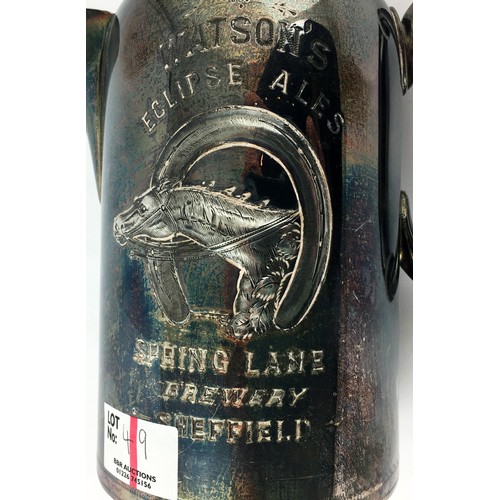 49 - SHEFFIELD BREWERY JUG. 7ins tall, impressed & engraved. WATSONS/ ECLIPSE ALES, reverse side raised f... 