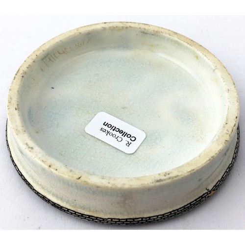 301 - POTTERY TRIO. Largest 3.5ins. Filter lid, multicoloured pratt lid KM98 plus a Singletons eye ointmen... 