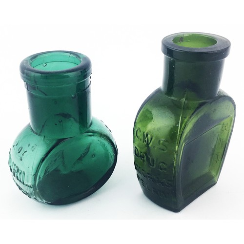 240 - GLASS DUO. Tallest 3.5ins. Emerald green & olive green ? Embossed 2oz BOVRIL & C. W. S/ DRUG/ WORKS.... 