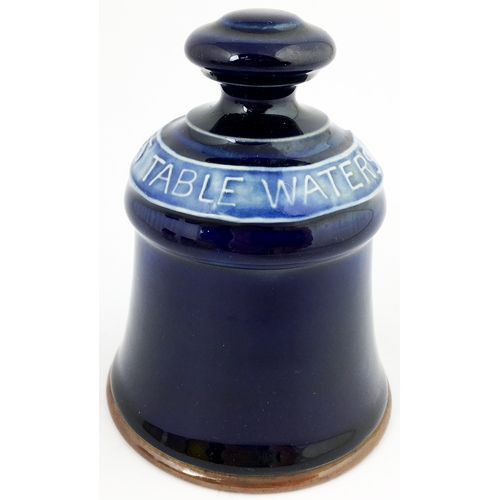 125 - SCHWEPPES TABLE WATERS POTTERY COUNTER BELL. 4.3ins tall. Deep Doulton blue stoneware bell, raised l... 