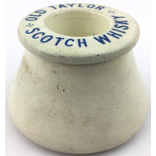 178 - OLD TAYLOR SCOTCH WHISKY MATCH HOLDER. 2.5ins tall. Blue lettering to heavy squat form. Buchan base ... 