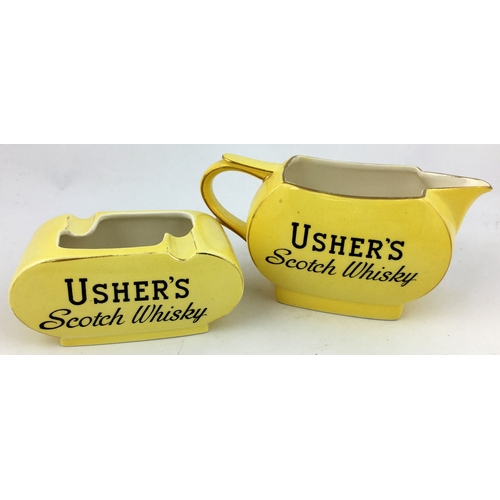 253 - USHERS SCOTCH WHISKY BAR TOP JUG & ASHTRAY. Jug 3.1ins tall. Striking mid yellow ground duo of styli... 