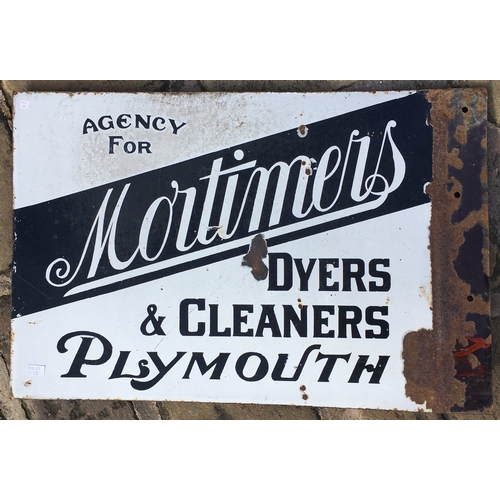 275 - PLYMOUTH DYERS & CLEANERS DOUBLE SIDED ENAMEL. 21 x 14ins. Black on white. End hanging flange bent f... 