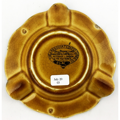 42 - PETER DAWSONS SCOTCH WHISKY ASHTRAY. 4.3ins diam. Central sailing boat image, serrated rim with 3 ci... 