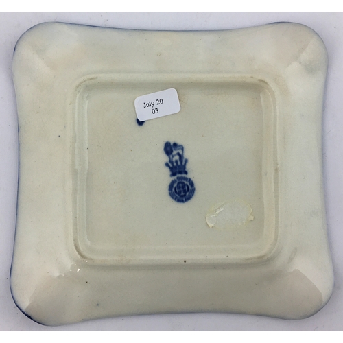 43 - JOHNSTONES SQUARE BOTTLE WHISKY NAPIER ASHTRAY. Approx. 5ins square. Blue & white  transfers & edgin... 