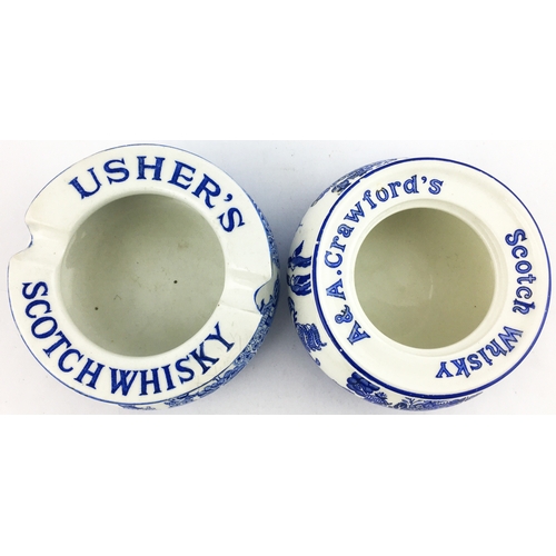 44 - USHERS SCOTCH WHISKY & A & A CRAWFORS SCOTCH WHISKY ASHTRAY DISHES. 4ins diam. Both with blue & whit... 