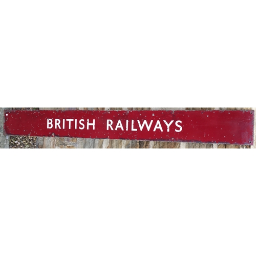 49 - BRITISH RAILWAYS ENAMEL SIGN. 50 x 6ins. White lettering on maroon background. Pit marks visible - a... 