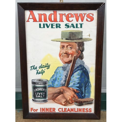 52 - ANDREWS LIVER SALT FRAMED PAPER ADVERT. 17 x 12ins. Amusing (?) multicoloured image of a helped gent... 