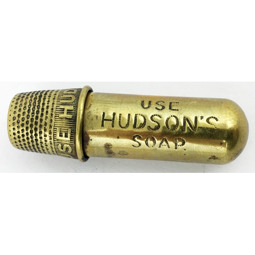 59 - HUDSONS SOAP SEWING KIT. 2.1ins long. Delightful little promotional metal sewing kit body impressed ... 