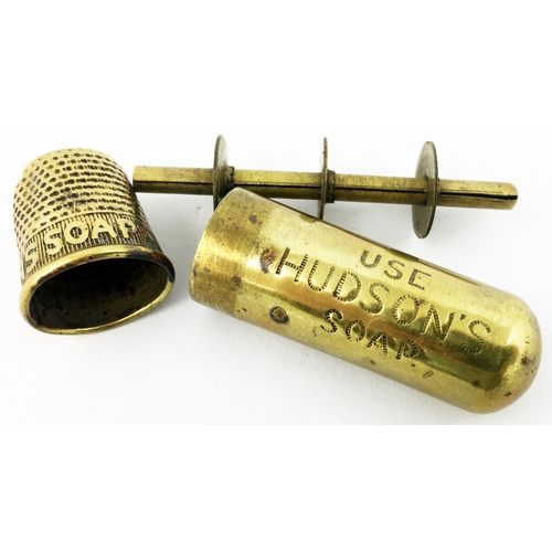 59 - HUDSONS SOAP SEWING KIT. 2.1ins long. Delightful little promotional metal sewing kit body impressed ... 