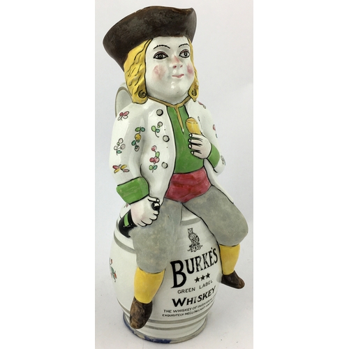 65 - BURKE'S GREEN LABEL WHISKEY BAR TOP JUG. 11.2ins tall. Brightly coloured gent (hairline to hat/ side... 