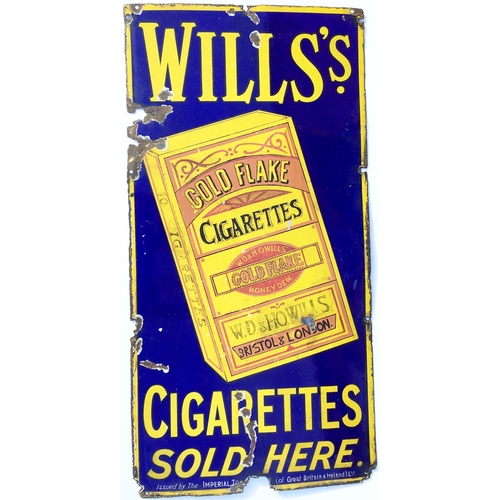 75 - WILL'S CIGARETTES SOLD HERE PICTORIAL ENAMEL SIGN. 36 x 18ins. Deep blue background sets off the lar... 