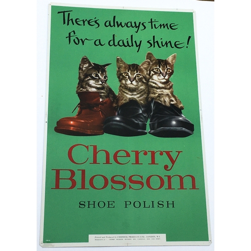 76 - CHERRY BLOSSOM TIN SIGN. 28 x 17.7ins. Three little kittens alluringly large eyed, sat inside a trio... 