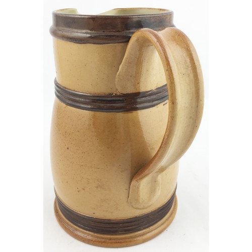 246 - GREENLEES BROTHERS KING EDWARD V11 SCOTCH WHISKY BAR TOP JUG. 6.7ins tall. Mid brown salt glaze with... 