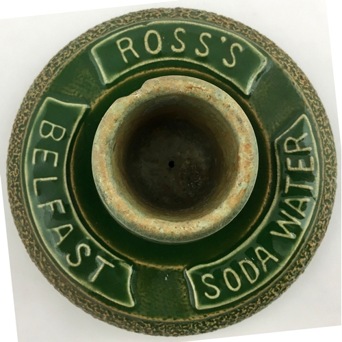 1 - ROSS'S BELFAST SODA WATER MATCHSTRIKER ASHTRAY. 3ins tall 5.5ins diam.dark green glaze with black ho... 