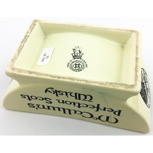 106 - McCALLUMS PERFECTION SCOTS WHISKY ASHTRAY. 4.75 x 2.2 ins rectangle, 2.2ins tall. Cream shapely asht... 