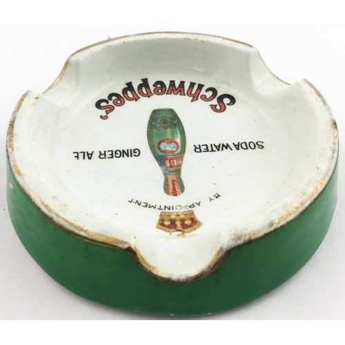 108 - SCHWEPPES ASHTRAY. 4.2ins diam. Coloured flat bottomed labelled hamilton in centre with lettering & ... 