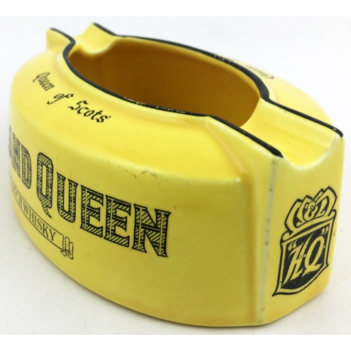 114 - HIGHLAND QUEEN SCOTCH WHISKY ASHTRAY. 4.75 by 3.5ins diam. Mustard coloured oval, black edging to to... 