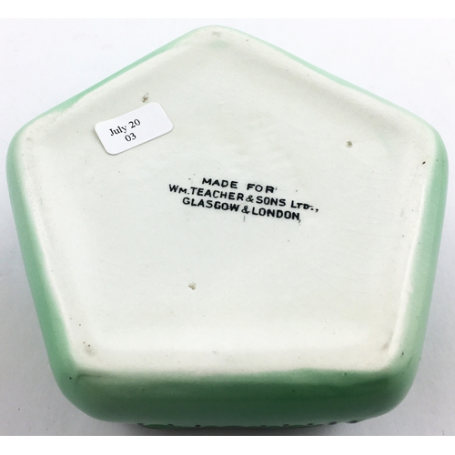 12 - TEACHERS WHISKY ASHTRAY. 4ins pentagon shape, pale green overall with raised black writing and outer... 