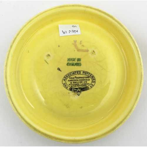 123 - DARLEY ALES ASHTRAY. 5ins diam. Yellow dish, black pict. t.m. to centre. Associated Potteries Co. p.... 