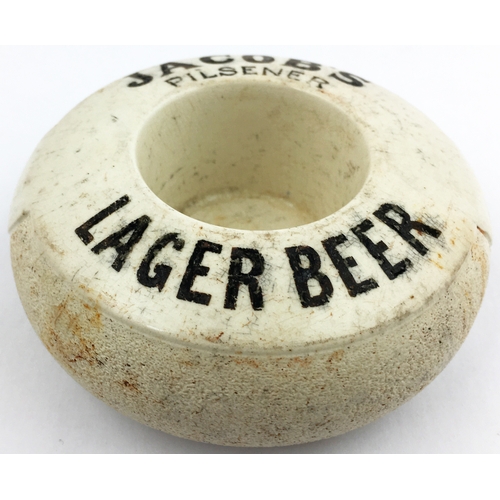 130 - JACOBS BEER MATCH HOLDER/ STRIKER. 4ins diam. Off white, black transfer, JACOBS/ PILSENER/ LAGER BEE... 