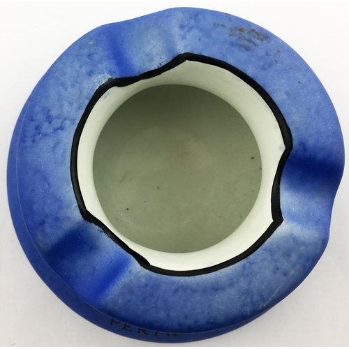 14 - BELLS PERTH WHISKY ASHTRAY. 4ins diam. Matt blue body glaze, skirted shape with black tranfer, and e... 