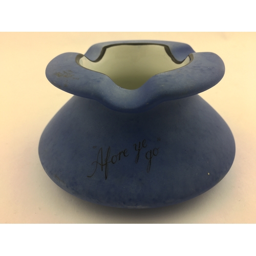 14 - BELLS PERTH WHISKY ASHTRAY. 4ins diam. Matt blue body glaze, skirted shape with black tranfer, and e... 