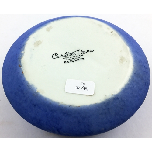 14 - BELLS PERTH WHISKY ASHTRAY. 4ins diam. Matt blue body glaze, skirted shape with black tranfer, and e... 