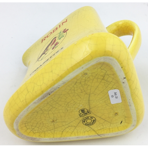 140 - ROBIN CIGARETTES JUG. 5ins tall. Yellow triangular jug . Coloured Robin pict. each side. ITC 11194 b... 