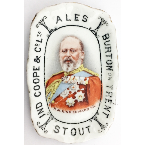 161 - IND COOPE & CO ASHTRAY. 4.25ins by 2.75ins wide. Multi-coloured H.M. King Edward VII portrait to cen... 