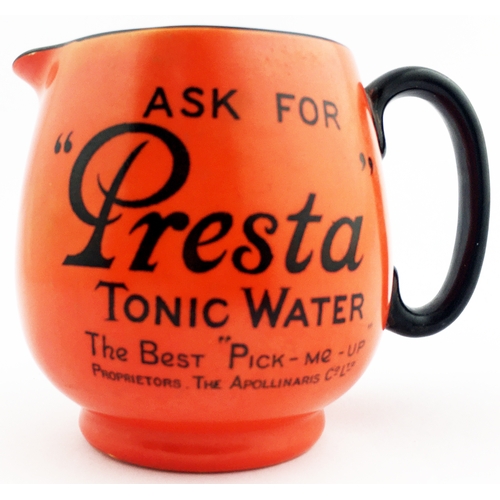 183 - PRESTA TONIC WATER JUG. 4.5ins tall. Deep orange body, black transfer repeated both sides. Another r... 